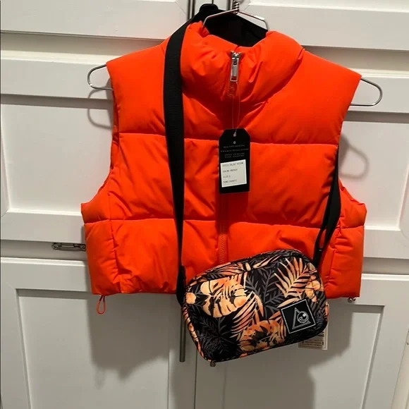 Bright Orange Puffer Vest with Tropical Print Bag - Picture 7 of 7